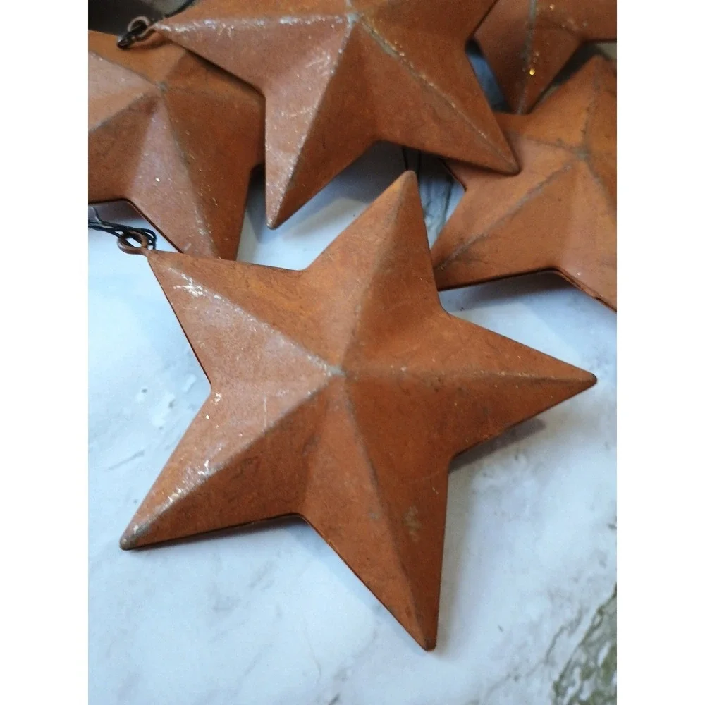 Primitive Metal Stars - Set of 9-Rustic Red Country Rusty Ornaments Hangers 2.5